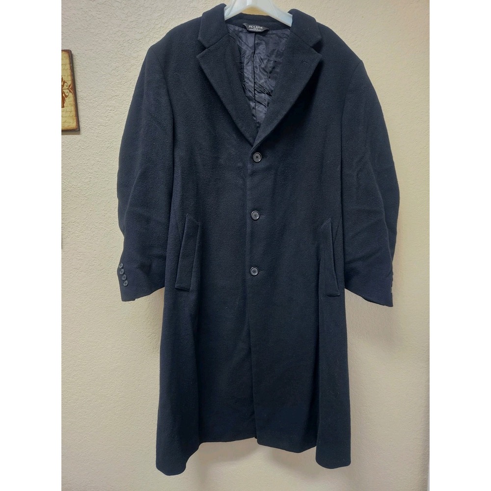 Jos A Bank Overcoat Mens 44L Black 100% Wool Long Dress Trench Coat Topcoat